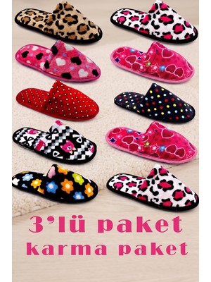 Stwenn 3’lü Avantajlı Paket Kışlık Peluş Desenli Sessiz Ortopedik Taban Çeyiz Misafir Ev Terliği Set