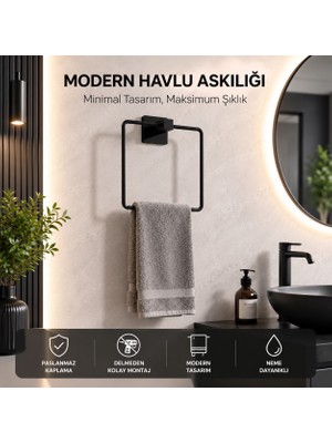 Anza Home Yapışkanlı Kare Siyah Kare Havluluk, Havlu Askısı