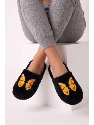 Nmoda Kadın Peluş Ev Terliği Kelebek Nakışlı Kapalı Burun Yumuşak İç Tabanlı Kışlık Konforlu Panduf Modelierlik