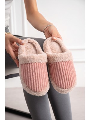 Nmoda Kadın Peluş Ev Terliği Fitilli Kadife Kapalı Burun Yumuşak İç Tabanlı Şık Kışlık Rahat Panduf Modeli