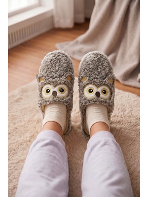 Nmoda Kadın Baykuş Figürlü Peluş Ev Terliği Kapalı Burun Açık Topuklu Peluş İç Tabanlı Kışlık Rahat Panduf