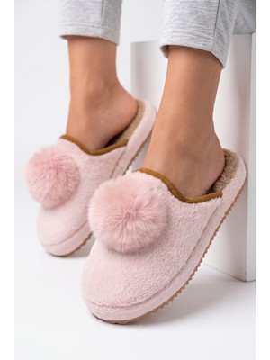 Nmoda Kadın Pofuduk Peluş Ev Terliği Büyük Ponponlu Kapalı Burun Sıcak Tutan Yumuşak Tabanlı Kışlık Panduf