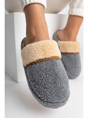 Nmoda Kadın Peluş Ev Terliği İçi Peluş Kapalı Burun Açık Topuk Sıcak Tutan Yumuşak Tabanlı Kışlık Pandufu