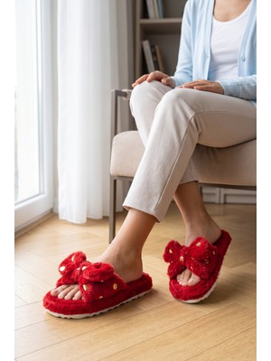 Nmoda Kadın Pofuduk Peluş Terlik Fiyonklu Gold Pullu Açık Burun Yumuşak Tabanlı Çeyiz Ev Terliği