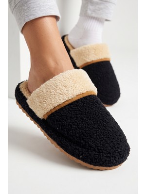 Nmoda Kadın Peluş Ev Terliği İçi Peluş Kapalı Burun Açık Topuk Sıcak Tutan Yumuşak Tabanlı Kışlık Pandufu