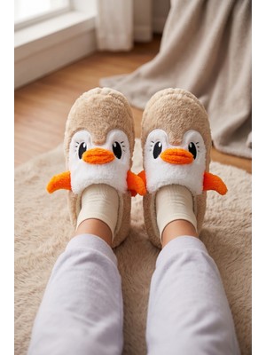 Nmoda Kadın Peluş Ev Terliği Penguen Desenli Kışlık Sıcak Tutan Kapalı Burun Yumuşak Tabanlı Rahat Pandufu