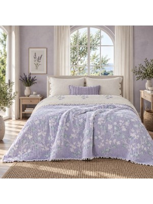 HB&Victory 6 Katlı Jakarlı Müslin Yorgan Yatak Örtüsü Çift Taraflı Lila Çift Kişilik 220X240 cm
