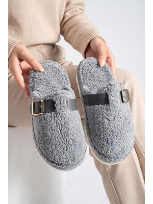 Nmoda Peluş Ev Terliği Kadın Altın Tokalı Teddy Yumuşak Ses Yapmaz Hafif Taban Kışlık Terlik