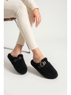 Nmoda Peluş Ev Terliği Kadın Altın Tokalı Teddy Yumuşak Ses Yapmaz Hafif Taban Kışlık Terlik