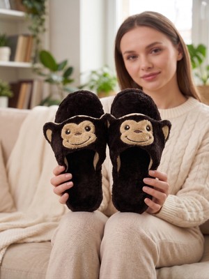 Nmoda Kadın Peluş Ev Terliği Sevimli Maymun Desenli Kışlık Sıcak Tutan Kapalı Burun Yumuşak Tabanlı Panduf