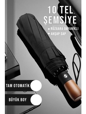 10 Tel Tam Otomatik Ahşap Rüzgara Suya Dayanıklı Şemsiye