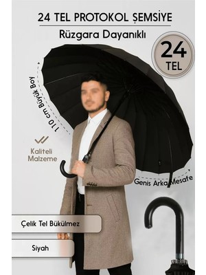 24 Tel Rüzgara Dayanıklı Baston Protokol Şemsiye Siyah Çoban Şemsiye