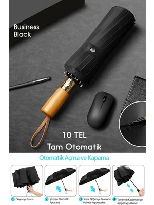 Tam Otomatik Ahşap Sap 10 Telli Düğmeden Aç Kapa Rüzgarda Kırılmayan Şemsiye