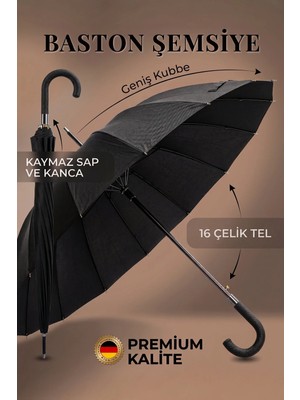 Baston Şemsiye 16 Telli Premium Kalite Geniş Kubbeli Siyah Şemsiye Kaymaz Saplı Rüzgara Dayanıklı Klasik Şemsiye