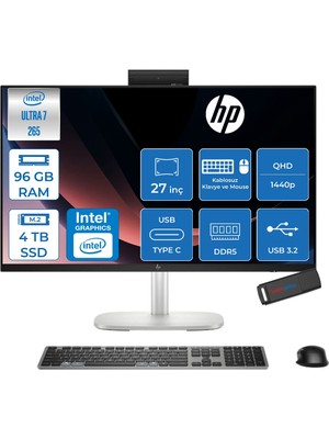 Hp Elitestudio 8 G1I Intel Core Ultra 7 265 Upto 5.3ghz 96GB Ddr5 4tb SSD 27" Qhd (2560 x 1440), Ips, Yansıma Önleyici, 300 Nit, Freedos Allınone Bilgisayar D36C1ETF35+ZETTAUSBBELLEK