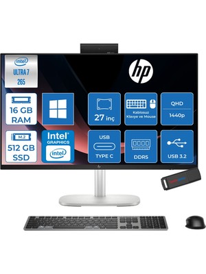 Hp Elitestudio 8 G1I Intel Core Ultra 7 265 Upto 5.3ghz 16GB Ddr5 512GB SSD 27" Qhd (2560 x 1440), Ips, Yansıma Önleyici, 300 Nit, WIN11HOME Allınone Bilgisayar D36C1ETH02+ZETTAUSBBELLEK