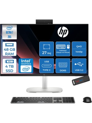 Hp Elitestudio 8 G1I Intel Core Ultra 7 265 Upto 5.3ghz 48GB Ddr5 4tb SSD 27" Qhd (2560 x 1440), Ips, Yansıma Önleyici, 300 Nit, Freedos Allınone Bilgisayar D36C1ETF20+ZETTAUSBBELLEK