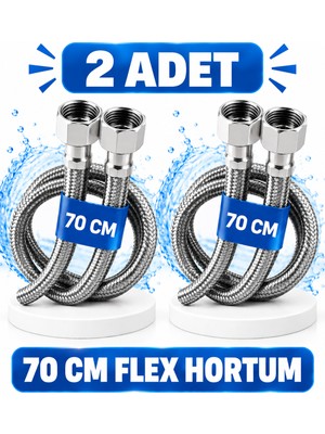 Cina Max 70 cm Paslanmaz Çelik Örgülü Flex Hortum (2 Adet) 3/8'x3/8' - Klozet ve Taharet Musluğu Için Dayanıklı Bağlantı Hortumu