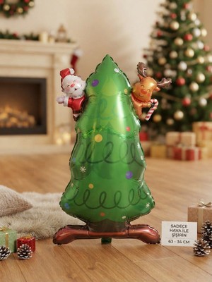 Yılbaşı Ağacı Ayakta Duran Folyo Balon (63X34 Cm) – Noel Baba & Geyik Figürlü Parti Süsü