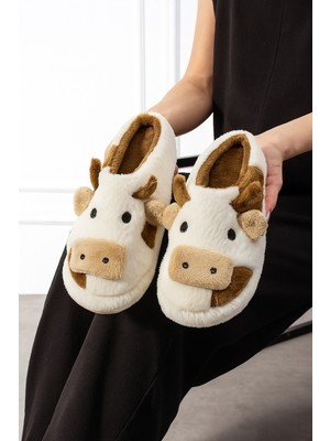 Inek Figürlü Nakışlı Kışlık Unisex Ev Terliği Ses Yapmaz Kaydırmaz Taban