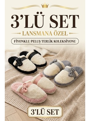 Nmoda 3’lü Avantajlı Paket Kışlık Peluş Desenli Sessiz Ortopedik Taban Çeyiz Misafir Ev Terliği Seti