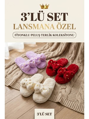 Nmoda 3’lü Avantajlı Paket Kışlık Peluş Desenli Sessiz Ortopedik Taban Çeyiz Misafir Ev Terliği Seti
