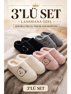 Nmoda 3’lü Avantajlı Paket Kışlık Peluş Desenli Sessiz Ortopedik Taban Çeyiz Misafir Ev Terliği Seti