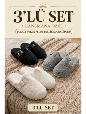 Nmoda 3’lü Avantajlı Paket Kışlık Peluş Desenli Sessiz Ortopedik Taban Çeyiz Misafir Ev Terliği Seti