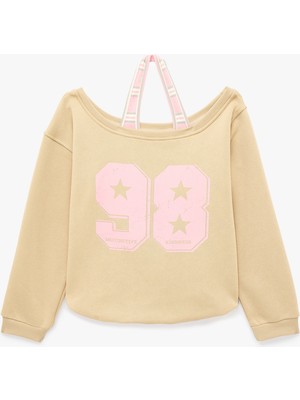 Koton Şardonlu Rahat Kalıp Kayık Yaka Uzun Kollu Katmanlı Baskılı Sweatshirt