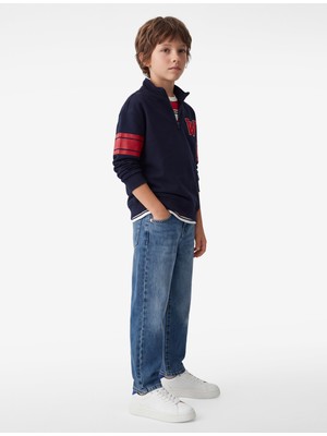 Koton Pamuklu Şardonlu Dik Yaka Uzun Kollu Baskılı Oversize Fermuarlı Sweatshirt