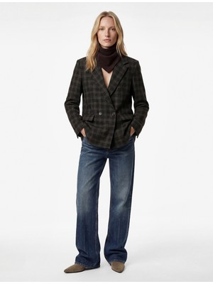 Koton Uzun Kollu Kruvaze Cepli Ekose Oversize Blazer Ceket