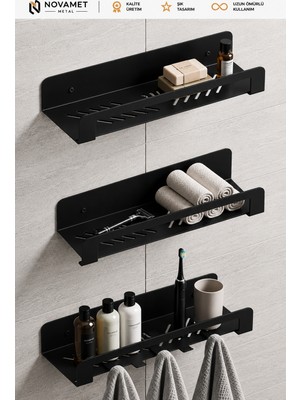 3 Katlı Banyo Duvar Rafı Mat Siyah Metal Şampuanlık Organizer Kancalı Banyo Askısı
