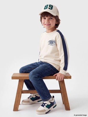 LC Waikiki Lcw Kids Bej Bisiklet Yaka Baskılı Erkek Çocuk Kalın Sweatshirt