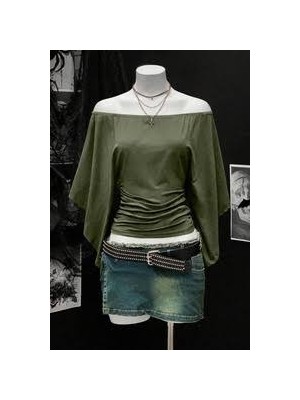 Moonstyle Collection Yeşil Haki Madonna Yarasa Kol Düz Y2K Uzun Kollu Bluz