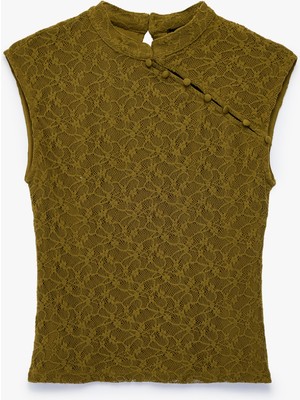 Koton Slim Fit Dik Qipao Yaka Kolsuz Düğmeli Dantelli Bluz