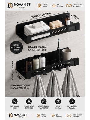 2 Katlı Banyo Duvar Rafı Mat Siyah Metal Şampuanlık Organizer Kancalı Banyo Askısı