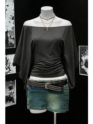 Moonstyle Collection Koyu Gri Madonna Yarasa Kol Düz Y2K Uzun Kollu Bluz