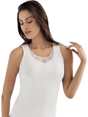 fiyakamstore Şahinler Beyaz  Kadın Geniş Askılı Önü Güpürlü Ribana Atlet MB011