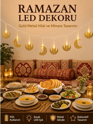 Pileli Store Minareli Hilal LED Işık Gold Metal Gövdeli Pilli Ramazan Dekoru