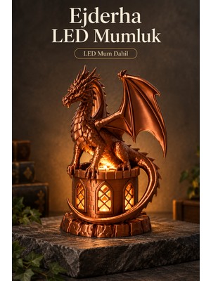Ejderha Figürlü LED Mumluk 15 cm Kahverengi Renk – LED Mum Dahil Dekoratif Işıklı Biblo