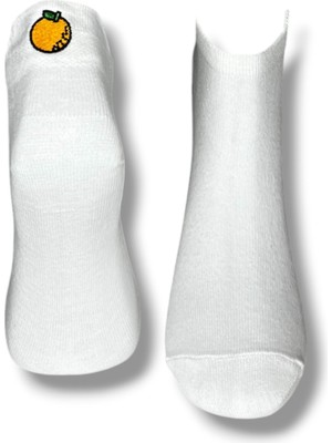 Me-Vo Tekli Unisex Portakal Nakışlı Beyaz Renkli Patik Çorap