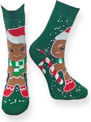 Me-Vo Tekli Yeşil Renkli Unisex Esnek Nem Alabilen Pamuklu Christmas Gingerbread Desenli Havlu Çorap