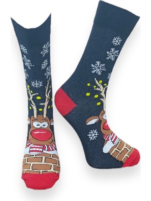 Me-Vo Tekli Lacivert Renkli Unisex Esnek Nem Alabilen Pamuklu Christmas Geyik Desenli Çorap