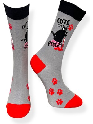 Me-Vo Tekli Unisex Kedi Desenli Gri Renkli Esnek Nem Alabilen Pamuklu Çorap