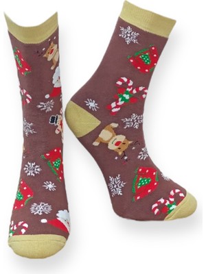 Me-Vo Tekli Kahverengi Renkli Unisex Esnek Nem Alabilen Pamuklu Christmas Desenli Havlu Çorap