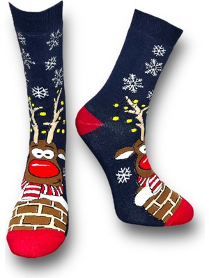 Me-Vo Tekli Lacivert Renkli Unisex Esnek Nem Alabilen Pamuklu Christmas Geyik Desenli Havlu Çorap