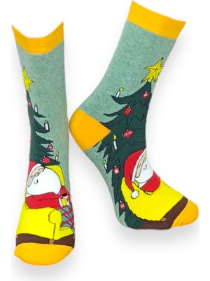 Me-Vo Tekli Sarı Renkli Unisex Esnek Nem Alabilen Pamuklu Christmas Desenli Havlu Çorap