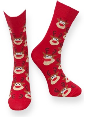 Me-Vo Tekli Kırmızı Renkli Unisex Esnek Nem Alabilen Pamuklu Christmas Desenli Çorap