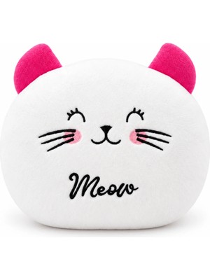 esdishopping Beyaz Kedi Peluş Dekoratif Yastık 35 x 30 cm Pembe Kulaklı Çocuk Odası Yastığı