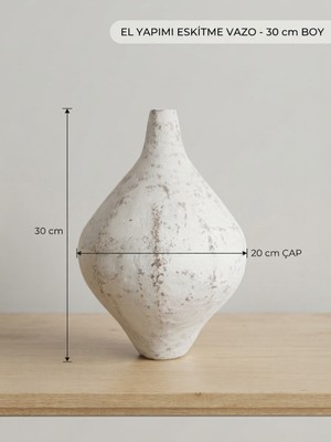 Art By Aslı El Yapımı Eskitme Beyaz Seramik Vazo - 30 cm Boy, 20 cm Çap, Dekoratif Obje